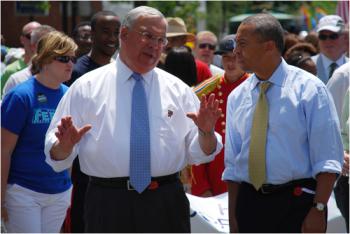 Mayor Tom Menino chatted with Gov. Deval Patrick at the start of the Dorchester Day Parade in 2010. Photo by Chris Lovett